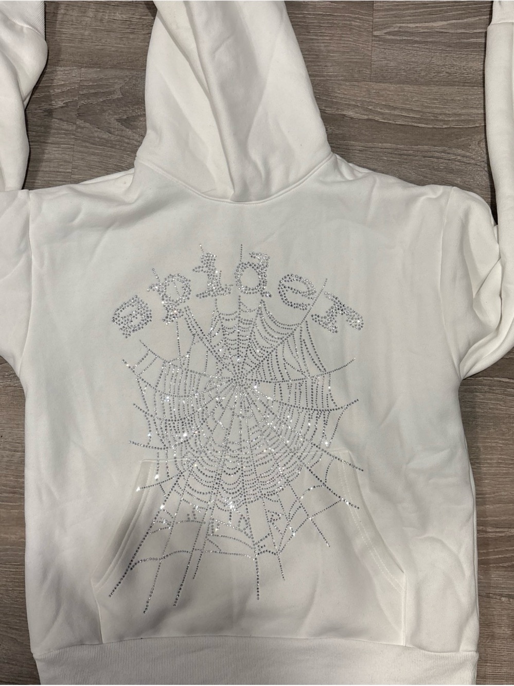 White Rhinestone Sp5der hoodie Large